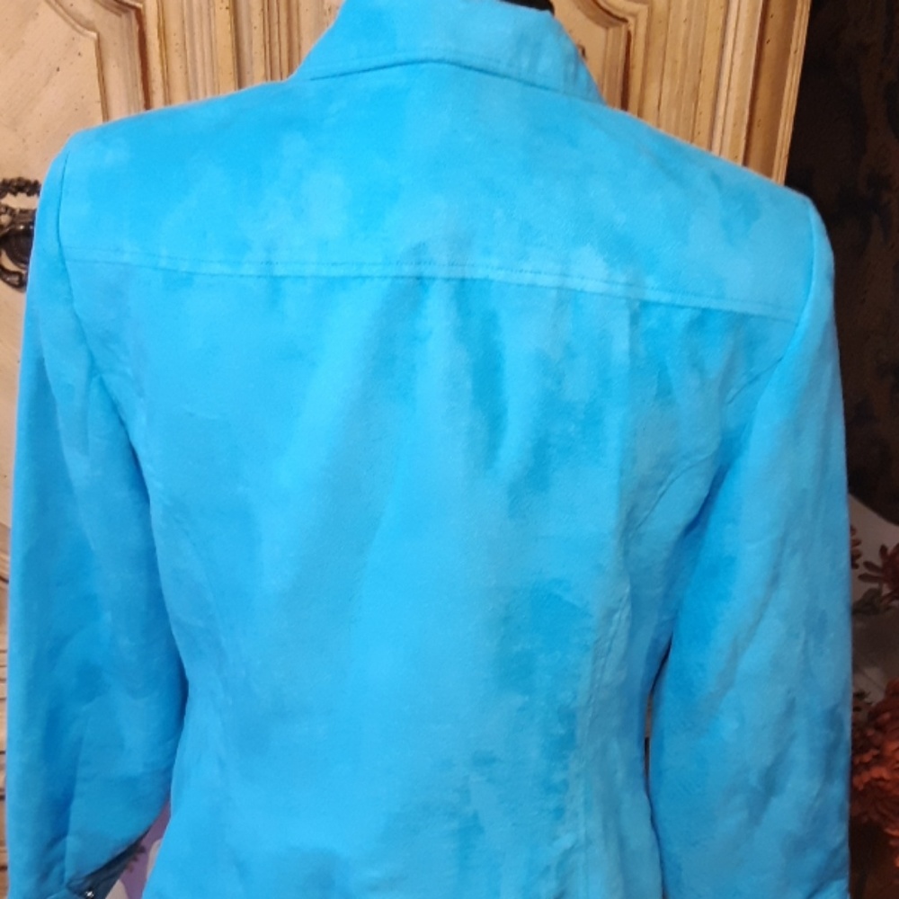 Womens blue teal jacket long sleeve coat EVAN PICONE faux suede sz 12 - Picture 5 of 7
